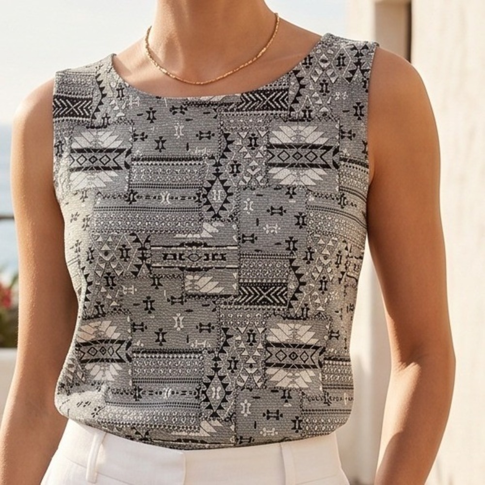 Chico's Travelers 2‎ Womens Tank Top Gray Black Geometric Tribal Sleeveless L
